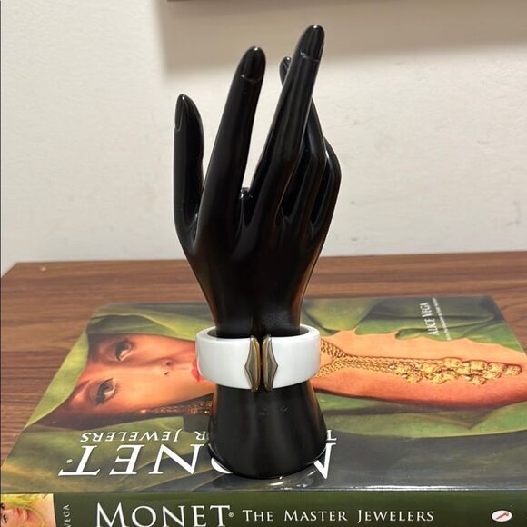 Vintage Monet Signed White Lucite Clamper Bracelet with GoldTone Accent. - Picture 1 of 7
